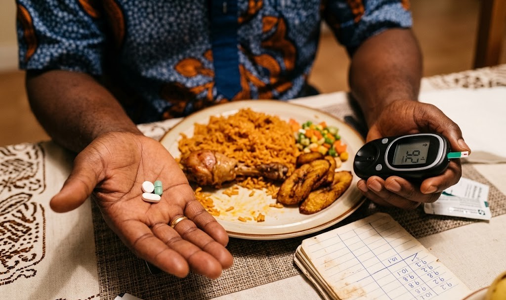 Man holding pills and glucometer at dining table