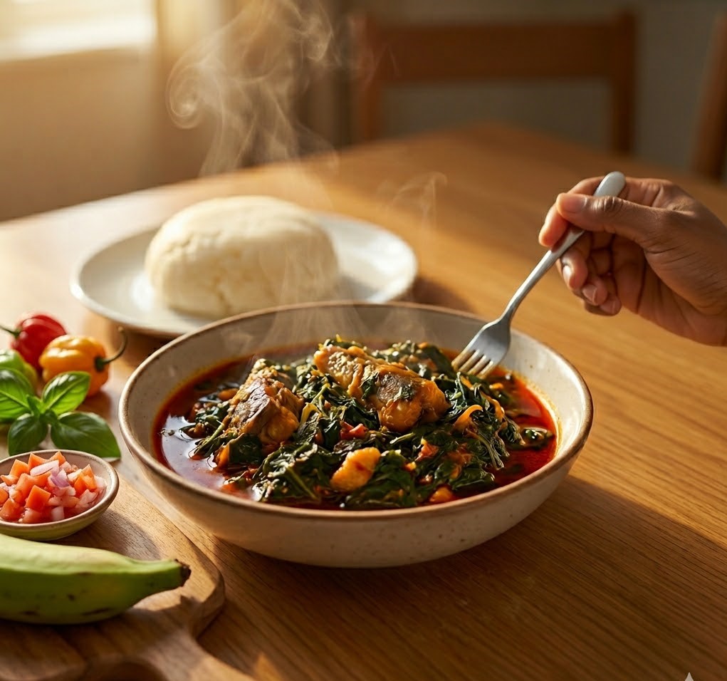 Steaming bowl of vegetable soup with swallow, fresh peppers, and plantain on a wooden table