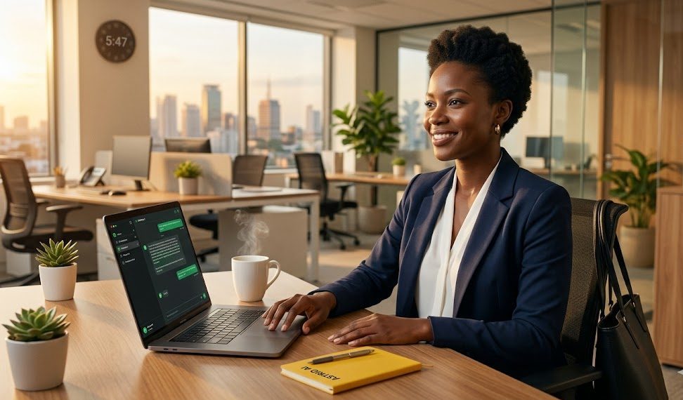 Nigerian professional woman at her office desk with laptop, leaving work on time