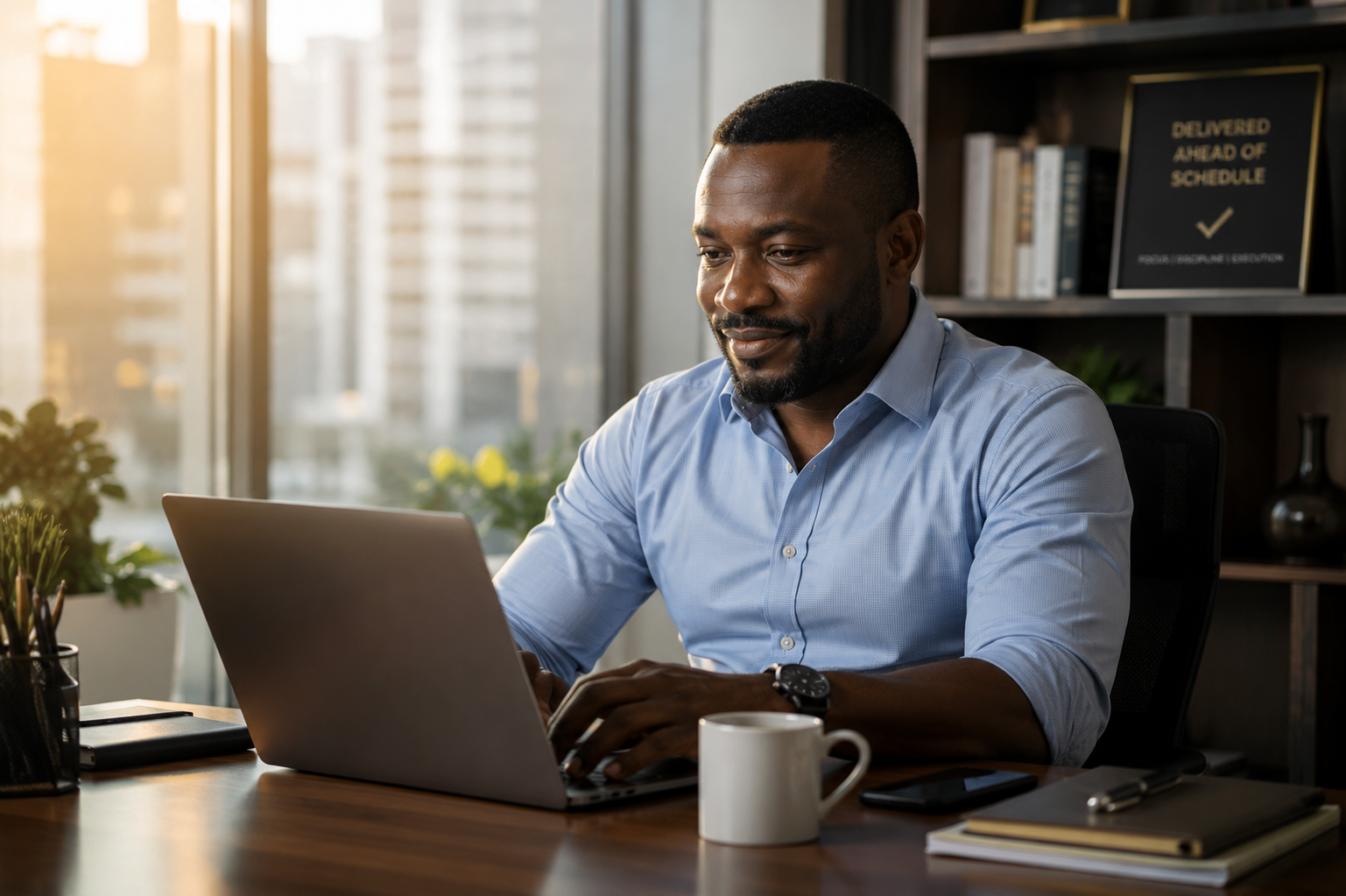 Operations professional at a desk, working