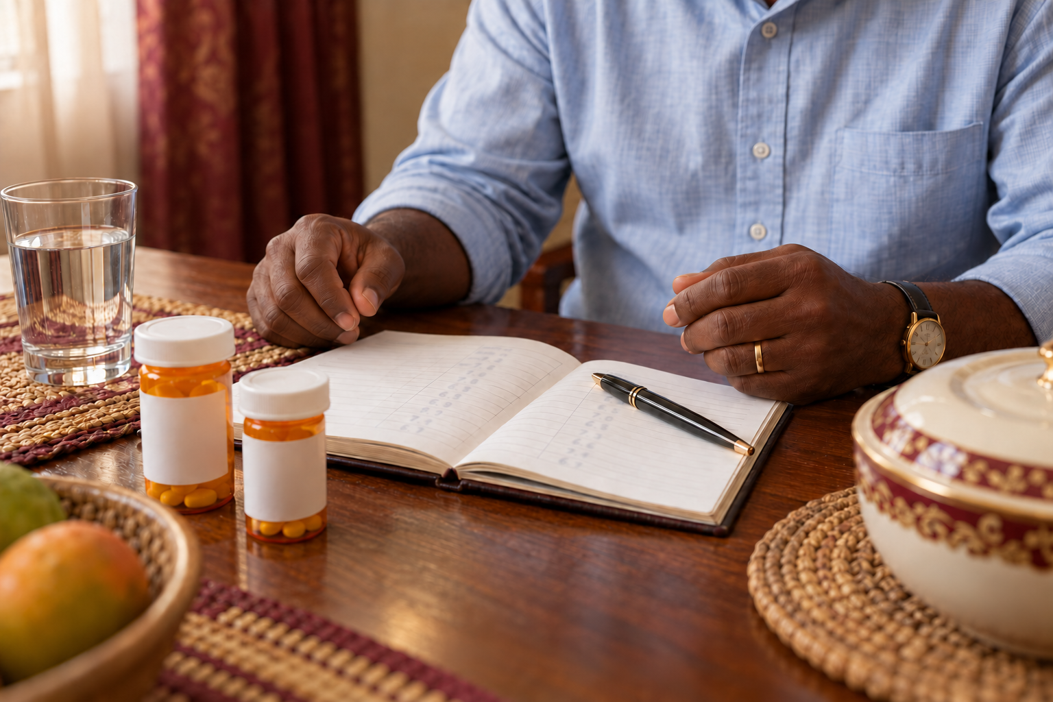Man reviewing his blood sugar log at the dining table